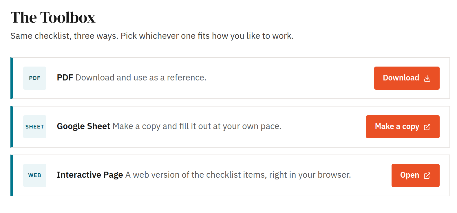 A Solopreneur's Toolbox checklist offered three ways: a PDF to download, a Google Sheet to copy, and an interactive web page